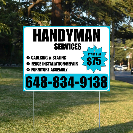 Handyman Services - Caulking & Sealing, Fence Installation, Furniture Assembly - Plain White Aqua Blue Design YardSigns.com