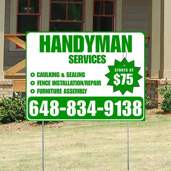 Handyman Services - Caulking & Sealing, Fence Installation, Furniture Assembly - Plain Green White Design YardSigns.com