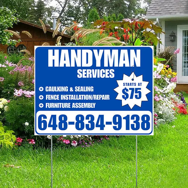Handyman Services - Caulking & Sealing, Fence Installation, Furniture Assembly - Plain Blue White Design YardSigns.com