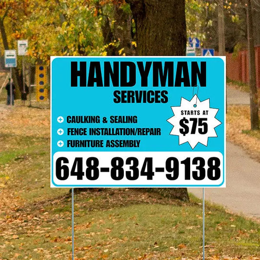 Handyman Services - Caulking & Sealing, Fence Installation, Furniture Assembly - Plain Aqua Blue White Design YardSigns.com