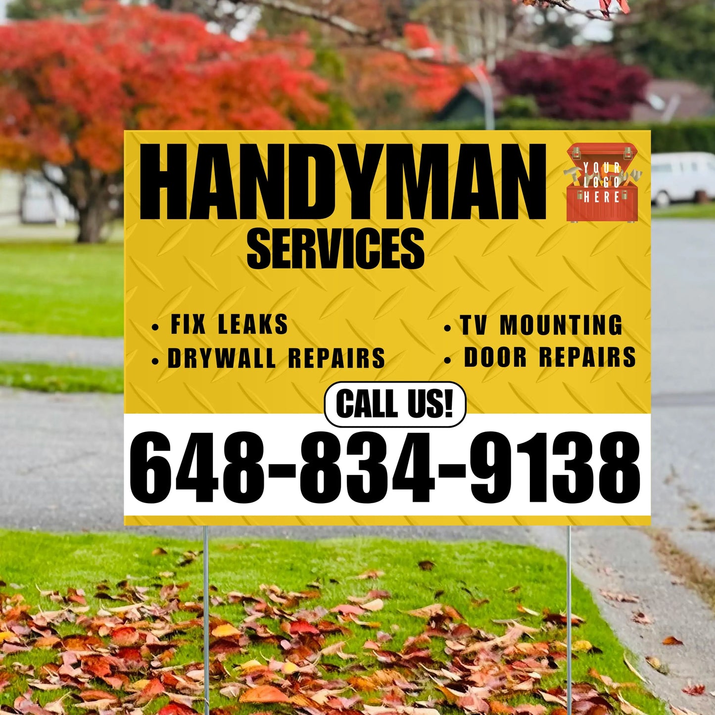 Handyman Signs - Fix Leaks, Tv Mounting, Drywall Repair, Door Repairs - Steel Mustard Gold White with Logo Design YardSigns.com