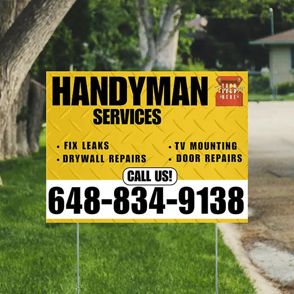 Handyman Signs - Fix Leaks, Tv Mounting, Drywall Repair, Door Repairs - Steel Mustard Gold White with Logo Design YardSigns.com
