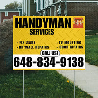 Handyman Signs - Fix Leaks, Tv Mounting, Drywall Repair, Door Repairs - Steel Mustard Gold White with Logo Design YardSigns.com