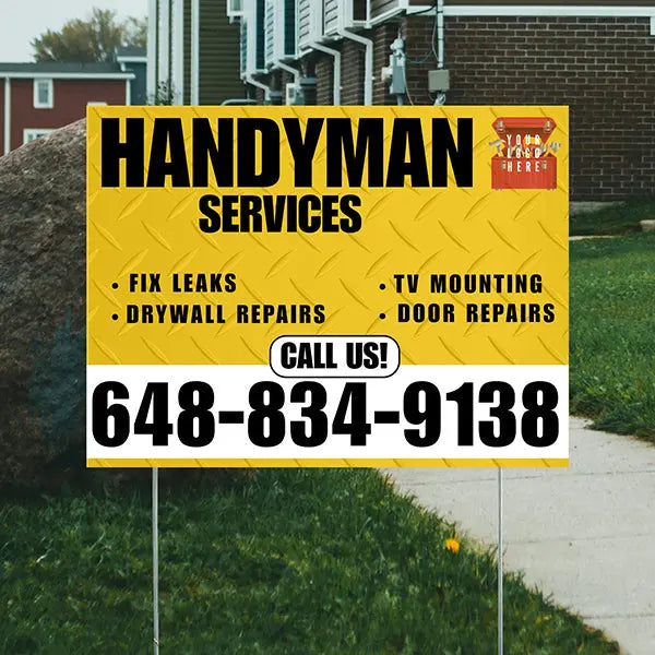 Handyman Signs - Fix Leaks, Tv Mounting, Drywall Repair, Door Repairs - Steel Mustard Gold White with Logo Design YardSigns.com