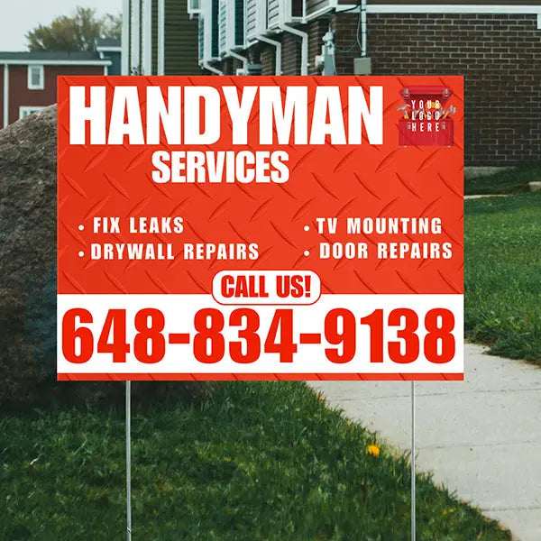 Handyman Signs - Fix Leaks, Tv Mounting, Drywall Repair, Door Repairs - Steel White Chili Red with Logo Design YardSigns.com