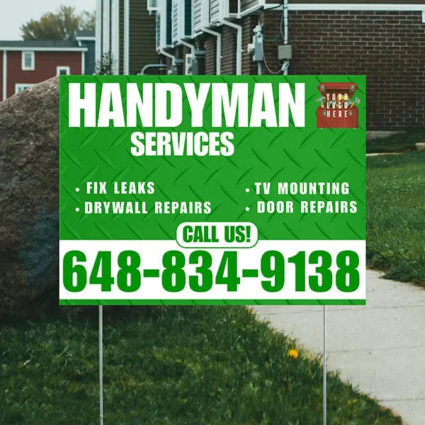 Handyman Signs - Fix Leaks, Tv Mounting, Drywall Repair, Door Repairs - Steel Green White with Logo Design YardSigns.com