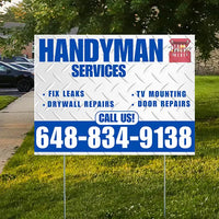 Handyman Signs - Fix Leaks, Tv Mounting, Drywall Repair, Door Repairs - Steel White Blue with Logo Design YardSigns.com