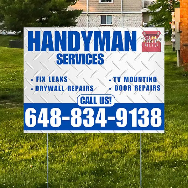 Handyman Signs - Fix Leaks, Tv Mounting, Drywall Repair, Door Repairs - Steel White Blue with Logo Design YardSigns.com