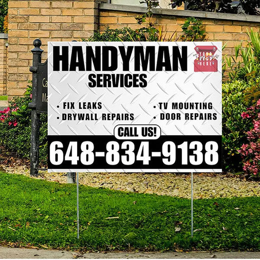 Handyman Signs - Fix Leaks, Tv Mounting, Drywall Repair, Door Repairs - Steel White Black with Logo Design YardSigns.com
