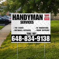 Handyman Signs - Fix Leaks, Tv Mounting, Drywall Repair, Door Repairs - Steel White Black with Logo Design YardSigns.com