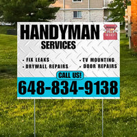 Handyman Signs - Fix Leaks, Tv Mounting, Drywall Repair, Door Repairs - Steel White Aqua Blue with Logo Design YardSigns.com