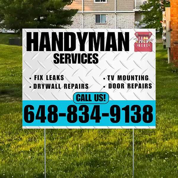 Handyman Signs - Fix Leaks, Tv Mounting, Drywall Repair, Door Repairs - Steel White Aqua Blue with Logo Design YardSigns.com