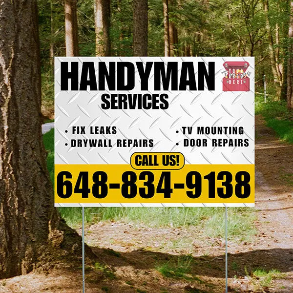 Handyman Signs - Fix Leaks, Tv Mounting, Drywall Repair, Door Repairs - Steel White Mustard Gold with Logo Design YardSigns.com