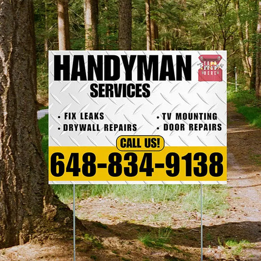 Handyman Signs - Fix Leaks, Tv Mounting, Drywall Repair, Door Repairs - Steel White Mustard Gold with Logo Design YardSigns.com