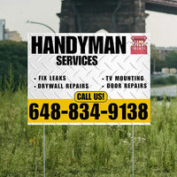 Handyman Signs - Fix Leaks, Tv Mounting, Drywall Repair, Door Repairs - Steel White Mustard Gold with Logo Design YardSigns.com
