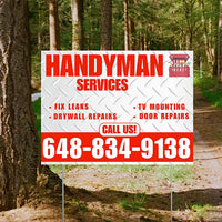 Handyman Signs - Fix Leaks, Tv Mounting, Drywall Repair, Door Repairs - Steel Chili Red White with Logo Design YardSigns.com
