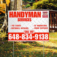 Handyman Signs - Fix Leaks, Tv Mounting, Drywall Repair, Door Repairs - Steel Chili Red White with Logo Design YardSigns.com