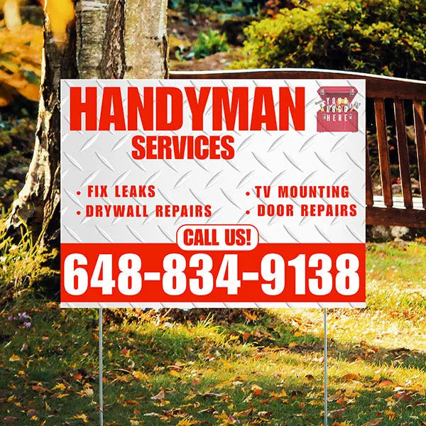 Handyman Signs - Fix Leaks, Tv Mounting, Drywall Repair, Door Repairs - Steel Chili Red White with Logo Design YardSigns.com