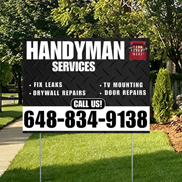 Handyman Signs - Fix Leaks, Tv Mounting, Drywall Repair, Door Repairs - Steel Black White with Logo Design YardSigns.com