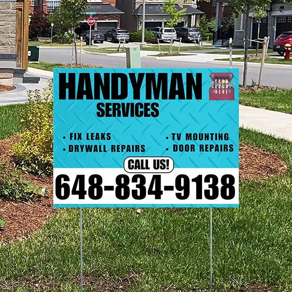 Handyman Signs - Fix Leaks, Tv Mounting, Drywall Repair, Door Repairs - Steel Aqua Blue White with Logo Design YardSigns.com