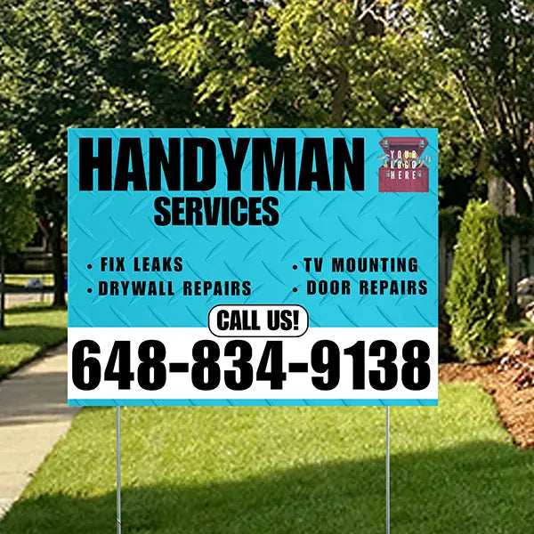 Handyman Signs - Fix Leaks, Tv Mounting, Drywall Repair, Door Repairs - Steel Aqua Blue White with Logo Design YardSigns.com