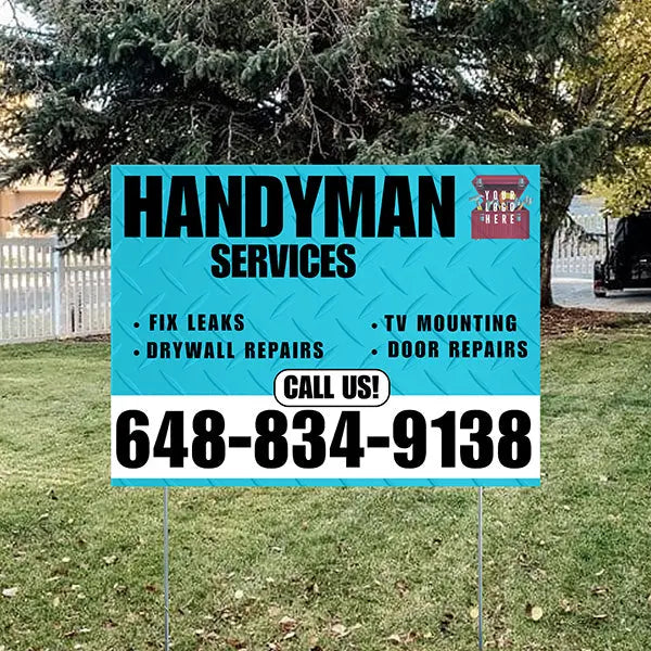 Handyman Signs - Fix Leaks, Tv Mounting, Drywall Repair, Door Repairs - Steel Aqua Blue White with Logo Design YardSigns.com