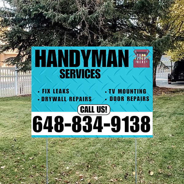 Handyman Signs - Fix Leaks, Tv Mounting, Drywall Repair, Door Repairs - Steel Aqua Blue White with Logo Design - YardSigns.com