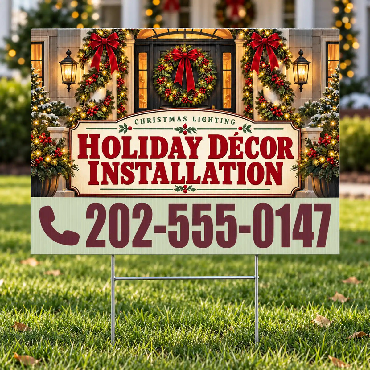 Holiday Signs - Christmas Lights Installation - Holiday Décor Installation Yard Sign - Cranberry & Sage - 24 x 18