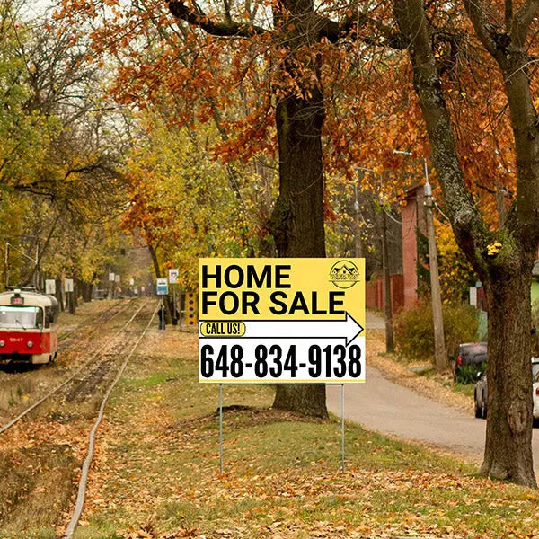 Home Sale Yard Sign - Plain Mustard Yellow White - Right Arrow with Logo Design YardSigns.com