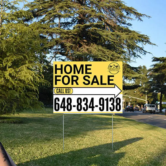 Home Sale Yard Sign - Plain Mustard Yellow White - Right Arrow with Logo Design YardSigns.com