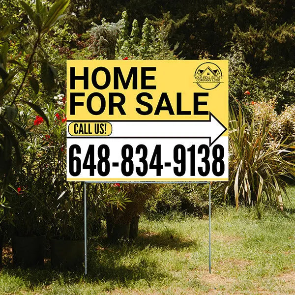 Home Sale Yard Sign - Plain Mustard Yellow White - Right Arrow with Logo Design YardSigns.com