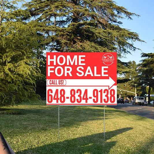Home Sale Yard Sign - Plain Red White - Right Arrow with Logo Design YardSigns.com