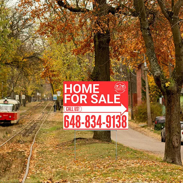 Home Sale Yard Sign - Plain Red White - Right Arrow with Logo Design YardSigns.com