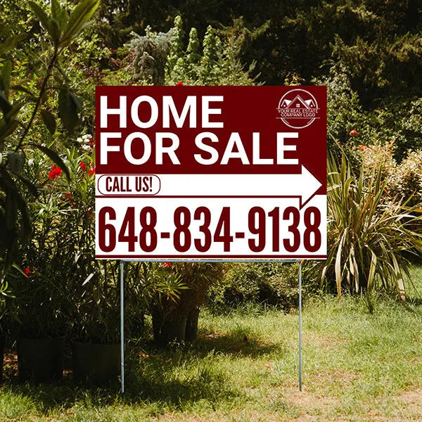 Home Sale Yard Sign - Plain Strong Maroon White - Right Arrow with Logo Design YardSigns.com
