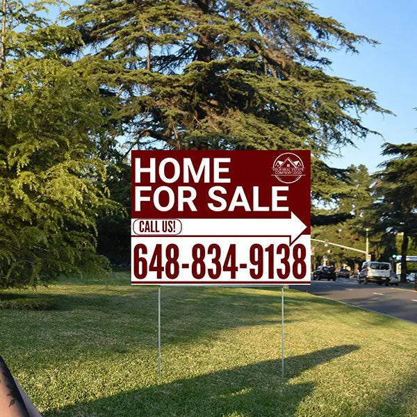 Home Sale Yard Sign - Plain Strong Maroon White - Right Arrow with Logo Design YardSigns.com