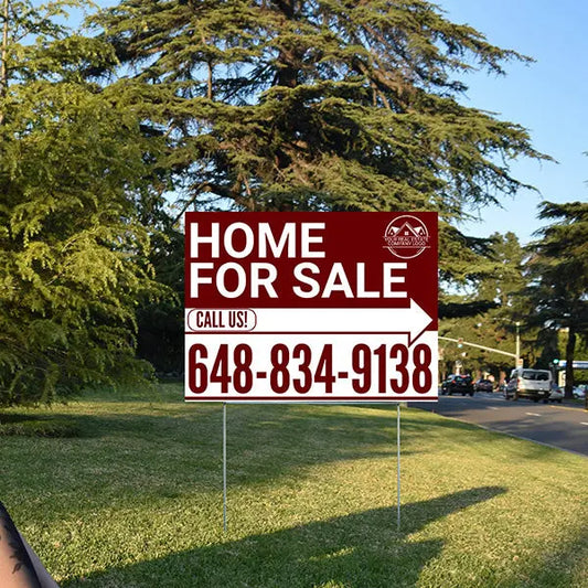 Home Sale Yard Sign - Plain Strong Maroon White - Right Arrow with Logo Design YardSigns.com