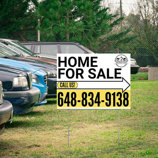 Home Sale Yard Sign - Plain White Yellow Mustard - Right Arrow with Logo Design YardSigns.com