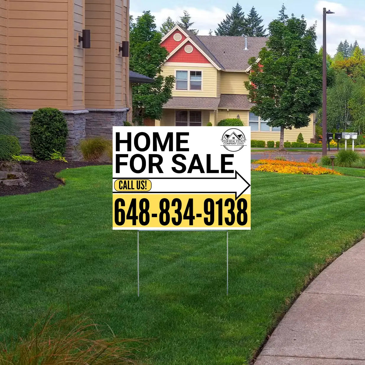 Home Sale Yard Sign - Plain White Yellow Mustard - Right Arrow with Logo Design YardSigns.com