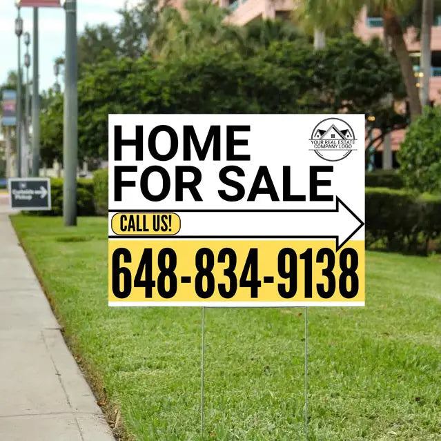 Home Sale Yard Sign - Plain White Yellow Mustard - Right Arrow with Logo Design YardSigns.com