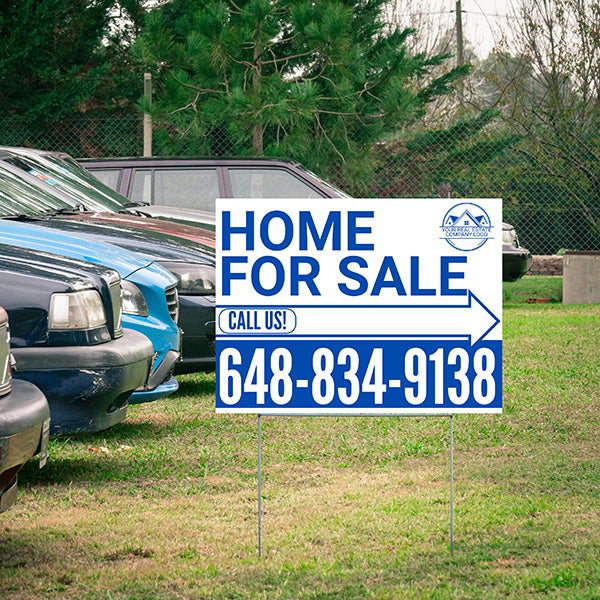 Home Sale Yard Sign - Plain White Blue - Right Arrow with Logo Design - YardSigns.com