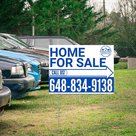 Home Sale Yard Sign - Plain White Blue - Right Arrow with Logo Design YardSigns.com