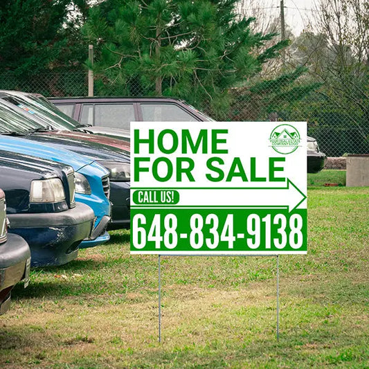 Home Sale Yard Sign - Plain White Green - Right Arrow with Logo Design YardSigns.com