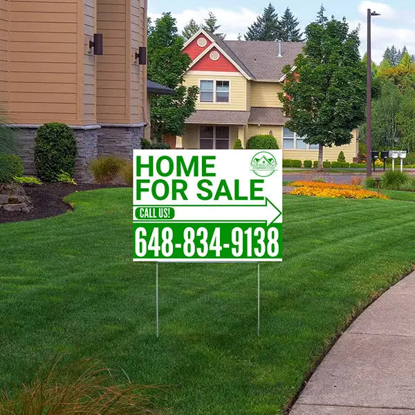 Home Sale Yard Sign - Plain White Green - Right Arrow with Logo Design YardSigns.com