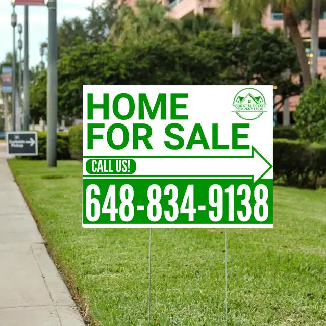Home Sale Yard Sign - Plain White Green - Right Arrow with Logo Design YardSigns.com