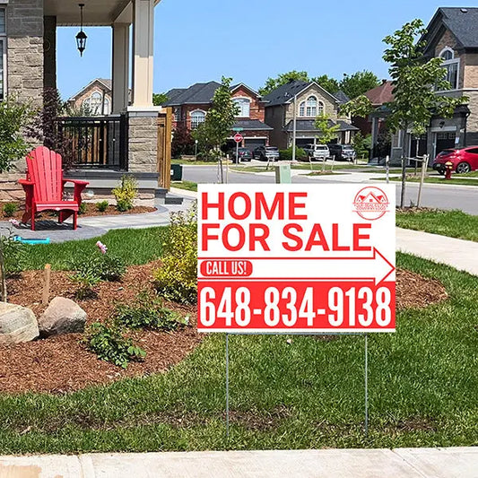 Home Sale Yard Sign - Plain White Red - Right Arrow with Logo Design YardSigns.com