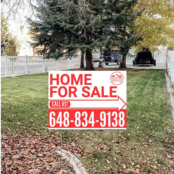 Home Sale Yard Sign - Plain White Red - Right Arrow with Logo Design YardSigns.com
