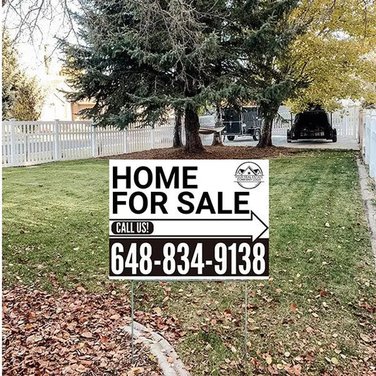 Home Sale Yard Sign - Plain White Black - Right Arrow with Logo Design YardSigns.com