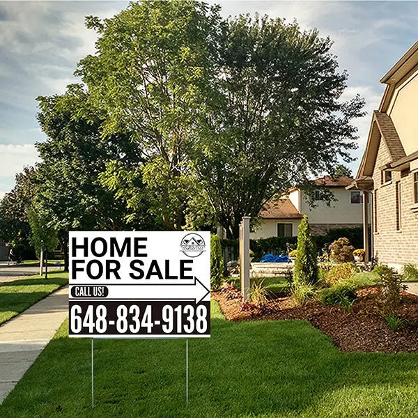 Home Sale Yard Sign - Plain White Black - Right Arrow with Logo Design YardSigns.com