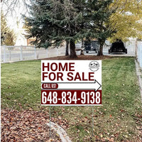 Home Sale Yard Sign - Plain White Strong Maroon - Right Arrow with Logo Design YardSigns.com