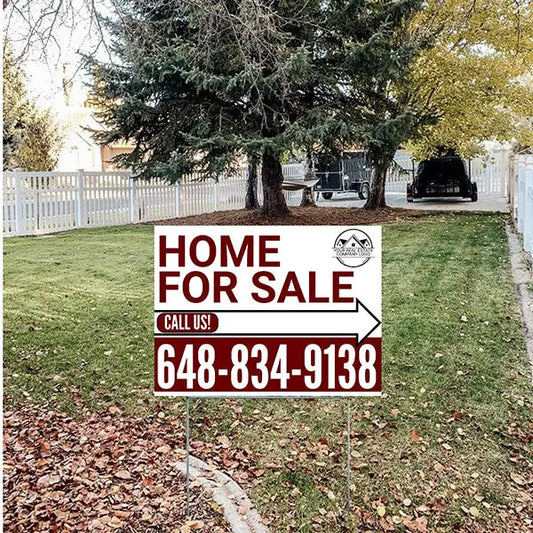 Home Sale Yard Sign - Plain White Strong Maroon - Right Arrow with Logo Design YardSigns.com